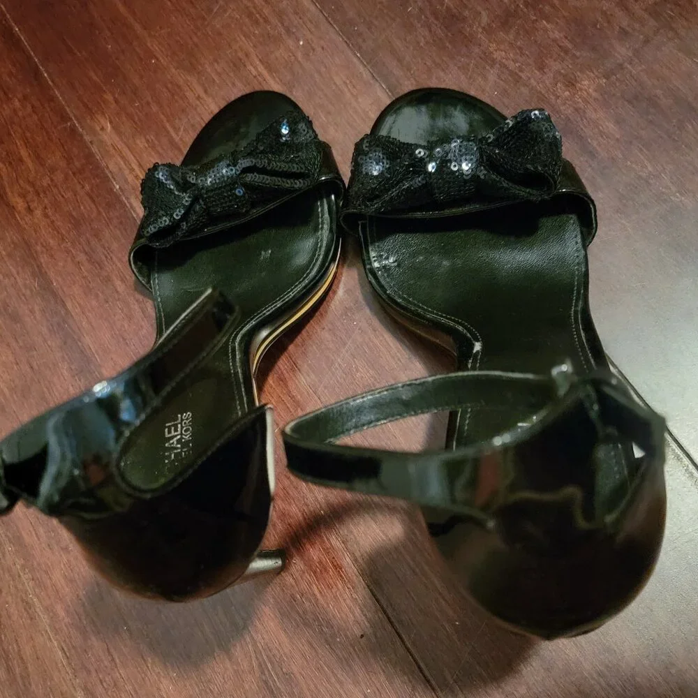 Michael Kors Women's Black Leather Sequin Bow Ankle Strap Stiletto Heels